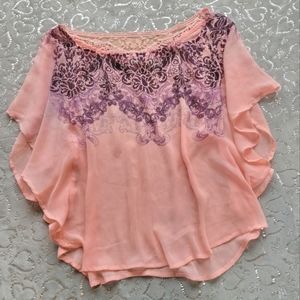 Peach Flowy Top Sheer Batwing Pink Lace Purple Print Neckline Cape Style MUDD M